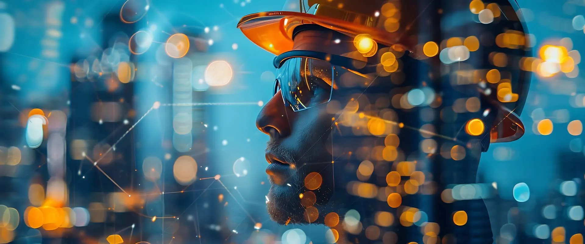 Retrato de un técnico con casco superpuesto sobre una ciudad conectada